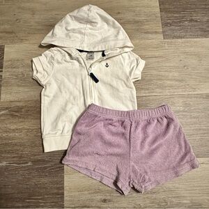 White Hooded Short Sleeve Zip Top & Lavender Terry Shorts Set